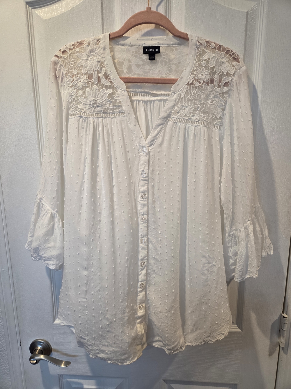 torrid Ivory Lace Yoke Button-Front Peasant Blouse